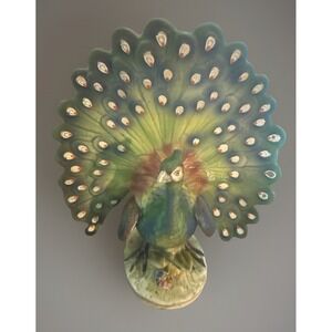 Lefton Hand Painted Peacock Figurine KW2336 Japan Sticker Vintage 7" Flaw